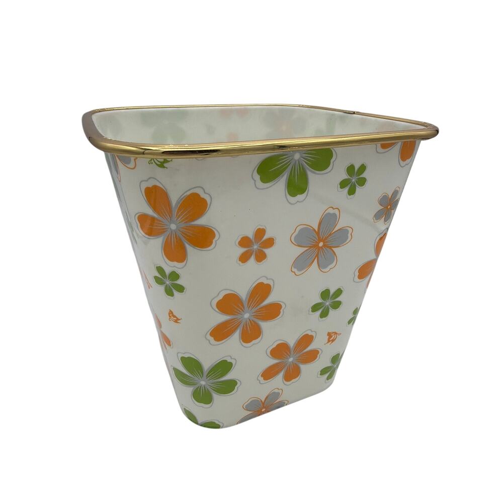 Groovy Vintage Orange Avocado Green Floral Daisy Trash Can 1960s-1970s Hippie